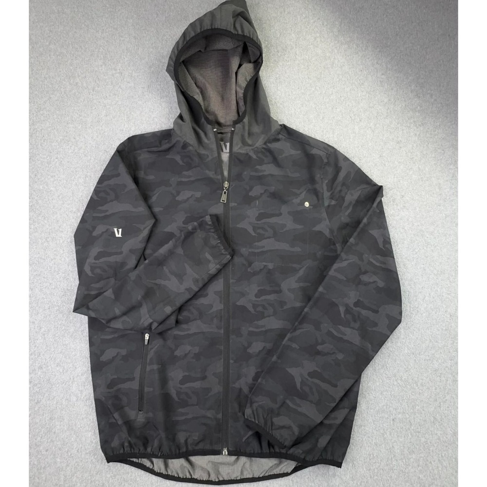Vuori Outdoor Trainer Shell Jacket Mens Small Black Camo Hooded Lightweight‎